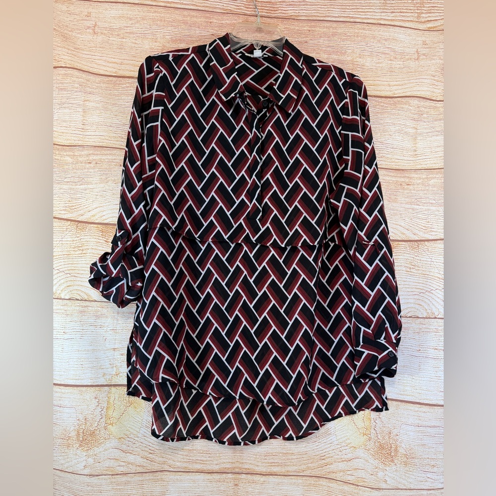 1 Cato Womens 3/4 Sleeve Semi Sheer Button Collar Hi Low Geometric Size XL